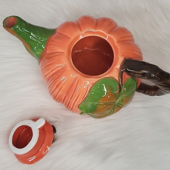 Vintage 90s Ceramic Pumpkin Harvest Halloween Fall Witchy Teapot 9" 1992 Signed - Picture 6 of 13